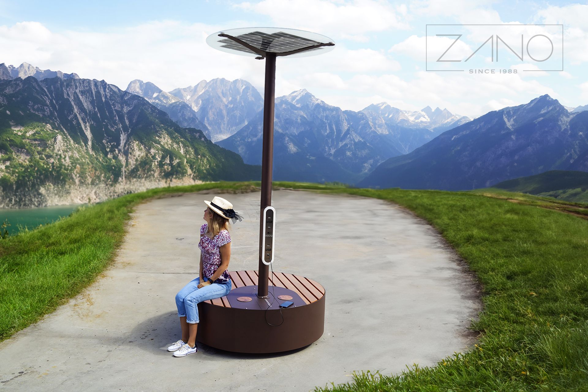 Solarladestation für Mobiltelefone auf der Stadtbank