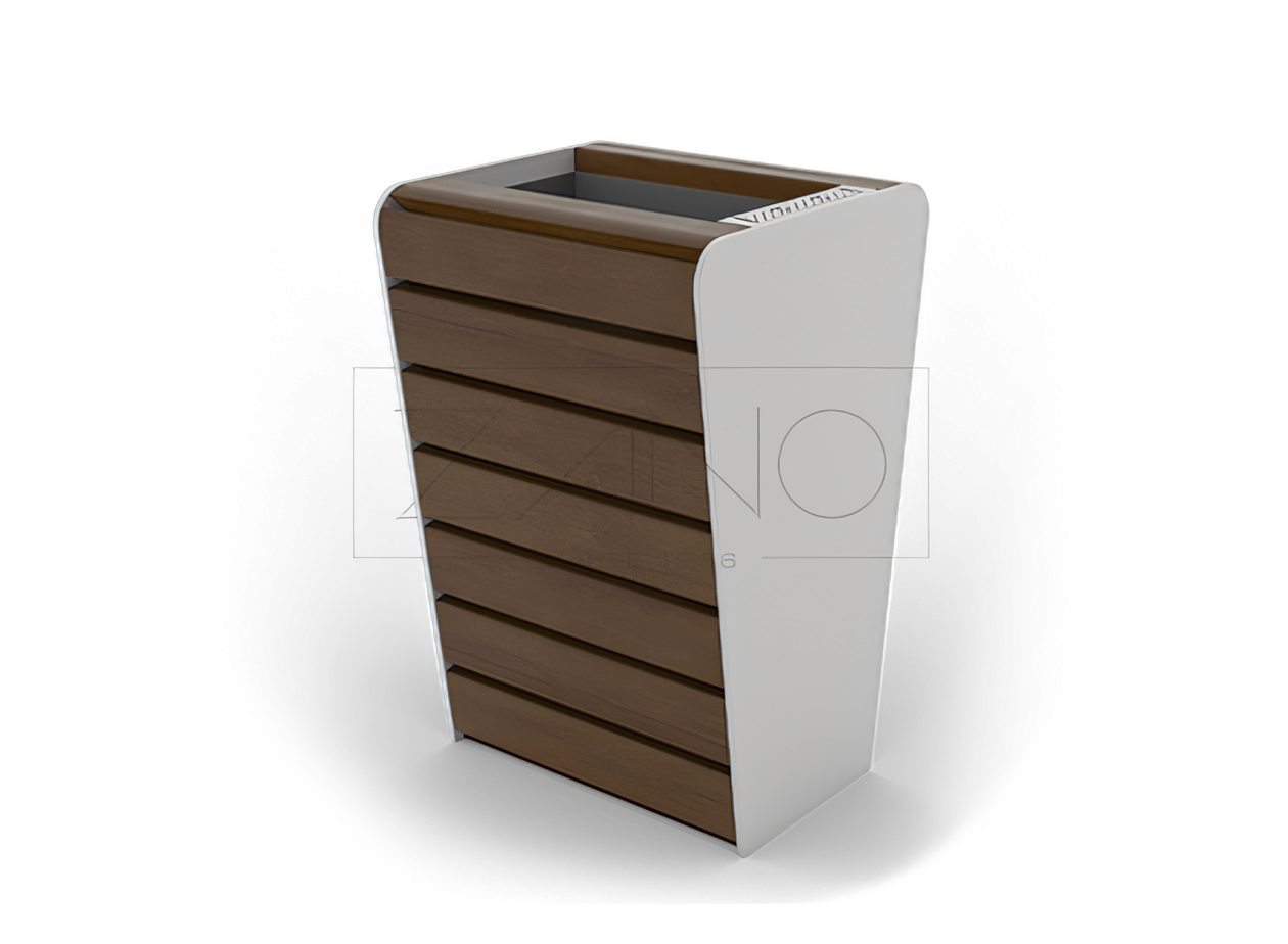 Abfallbehälter mit Ascher Soft 03.021.2 aus Edelstahl Abfallbehälter mit Ascher Soft aus Edelstahl und Fichtenholz