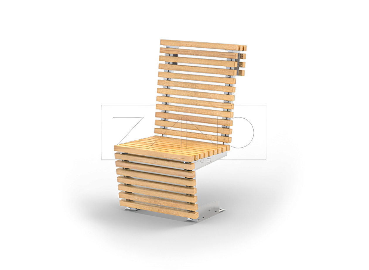 Stuhl aus Edelstahl und Holzleisten Stuhl aus Edelstahl und Holzleisten