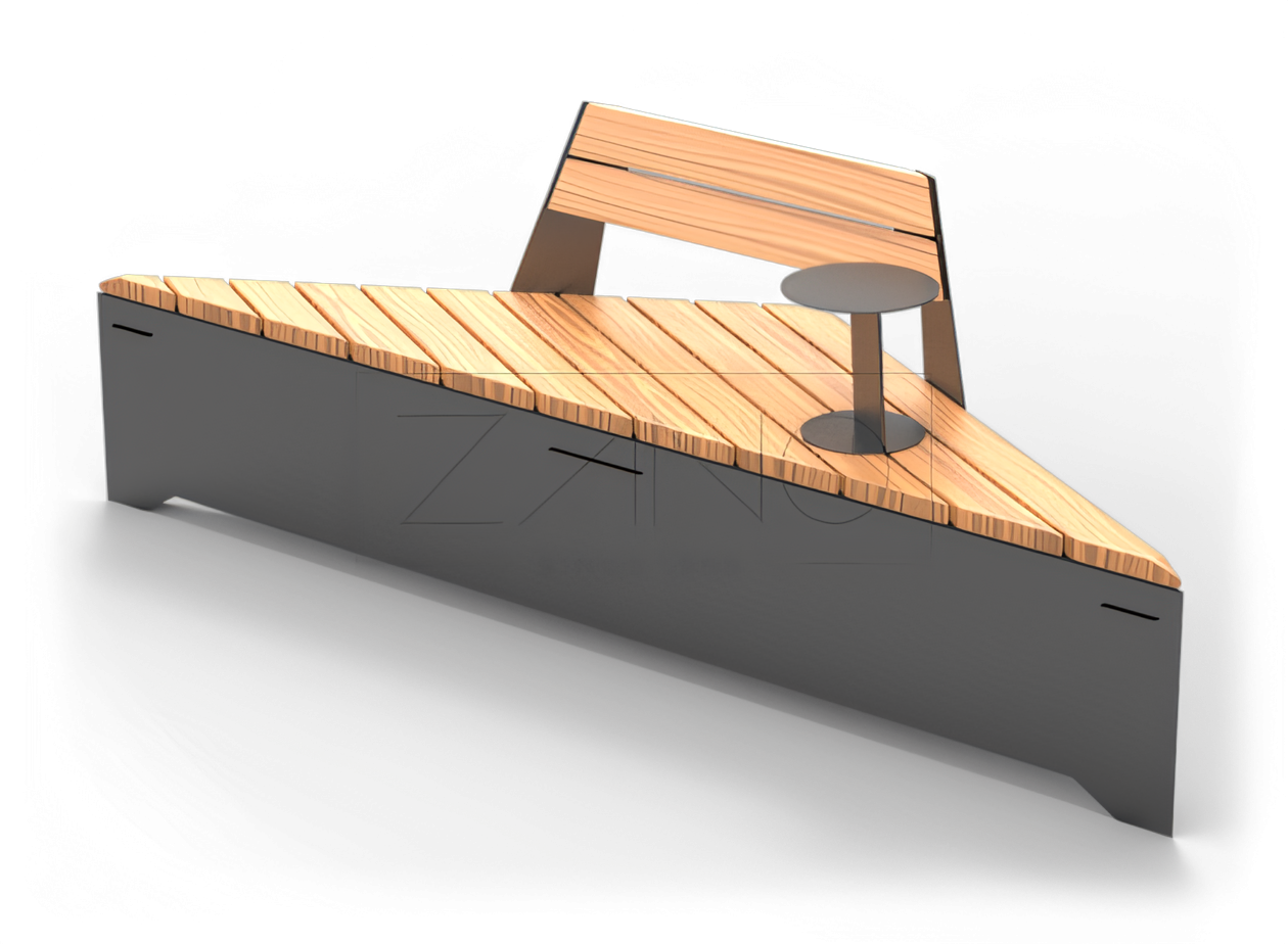 Moderne Stadtbank mit Rückenlehne und Tisch Modulare Bank mit Rückenlehne und Tisch aus Karbonstahl