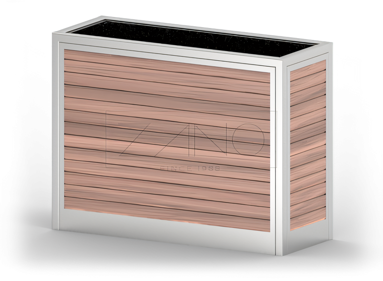 Moderner urbaner Pflanzkübel aus Edelstahl und Holz Moderner urbaner Pflanzkübel aus Edelstahl und Holz