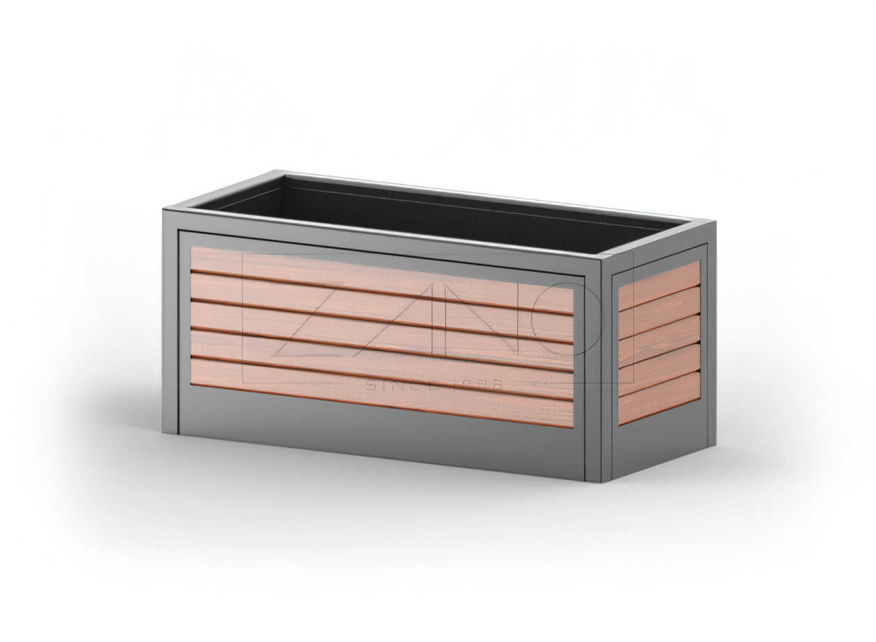 Moderner urbaner Pflanzkübel aus Karbonstahl und Holz Moderner urbaner Pflanzkübel aus Karbonstahl und Holz