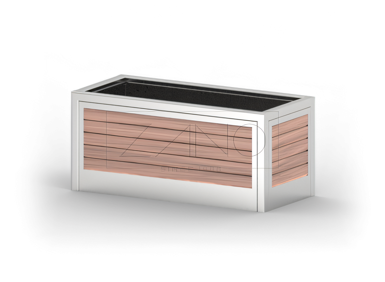 Moderner urbaner Pflanzkübel aus Edelstahl und Holz Moderner urbaner Pflanzkübel aus Edelstahl und Holz