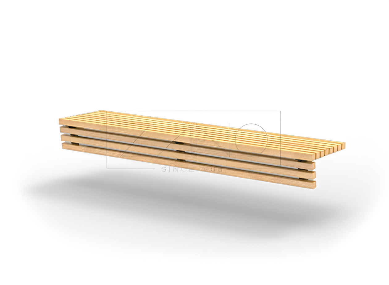 Bankauflage Flash 02.725 aus Fichtenholz und Karbonstahl auf Betonsockel Bankauflage Flash 02.725 aus Fichtenholz und Karbonstahl auf Betonsockel