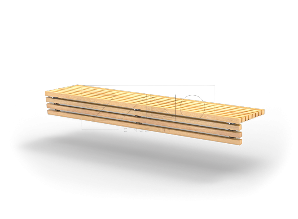 Bankauflage Flash 02.725 aus Fichtenholz und Edelstahl auf Betonsockel Bank auf einem Betonsockel