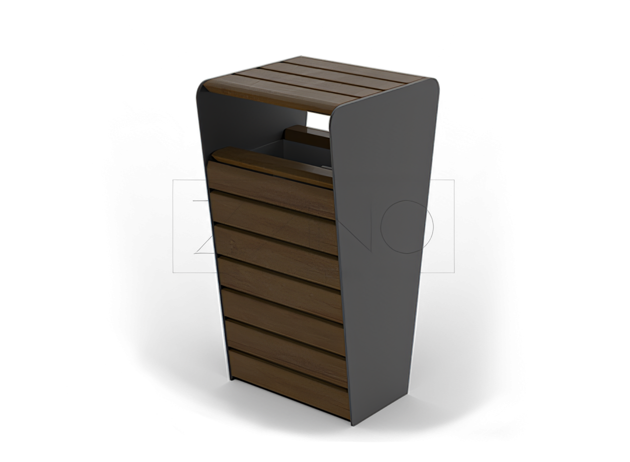 Abfallbehälter Soft 03.012.1 mit Deckel aus Karbonstahl und Holz Abfallbehälter Soft mit Vordach, einzigartiges Design, aus Karbonstahl und Fichtenholz