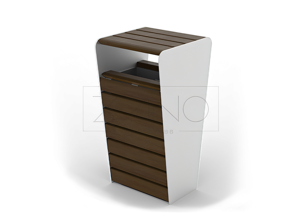 Abfallbehälter Soft 03.012.1 mit Deckel aus Edelstahl und Holz Abfallbehälter Soft mit Vordach, einzigartiges Design, aus Edelstahl und Fichtenholz