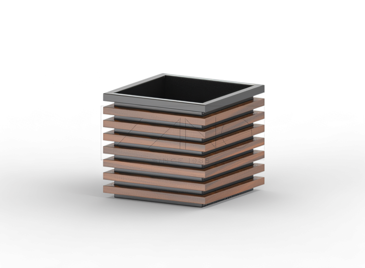 Klassischer urbaner Pflanzkübel Block aus Karbonstahl und Holz Stahlkübel mit Holzelementen