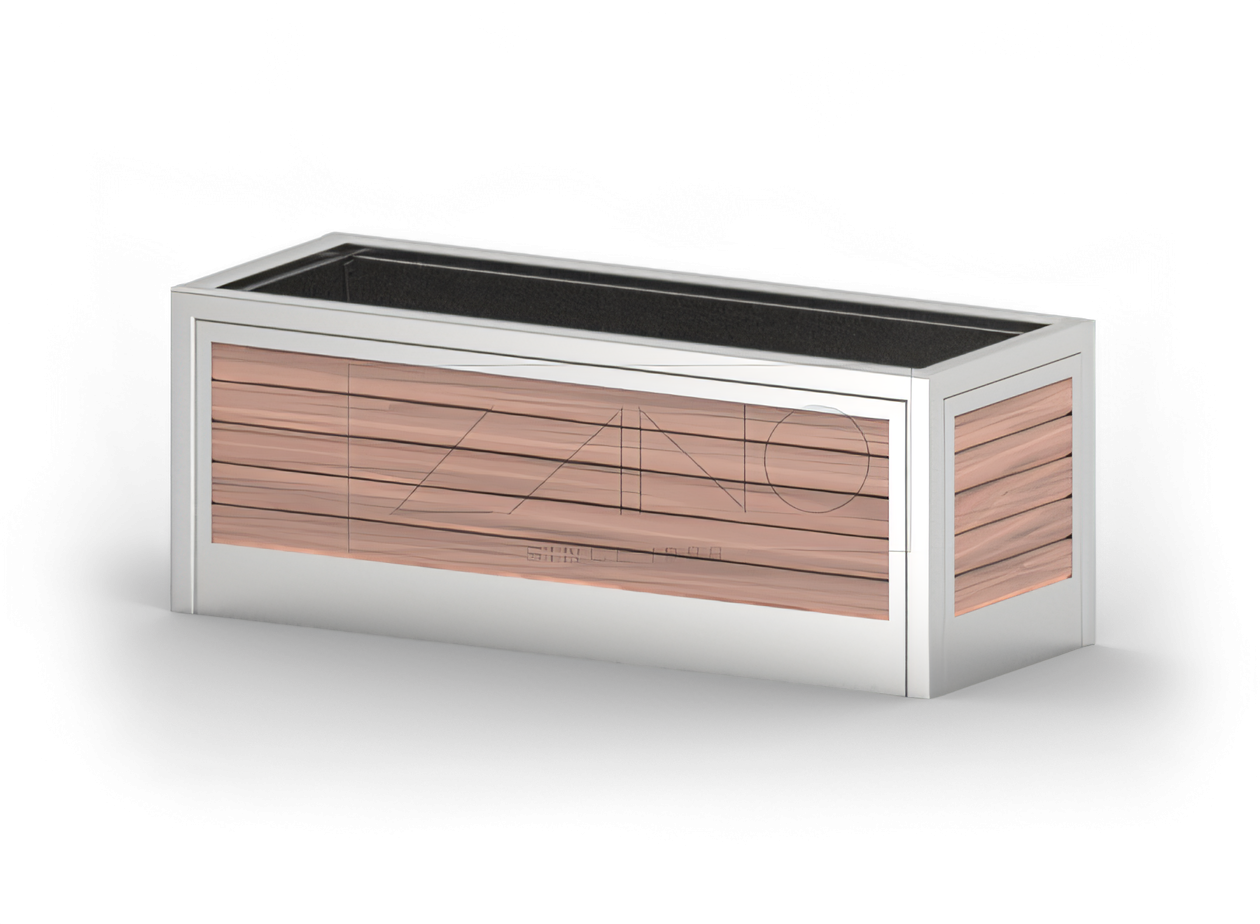 Moderner urbaner Pflanzkübel aus Edelstahl und Holz Moderner urbaner Pflanzkübel aus Edelstahl und Holz