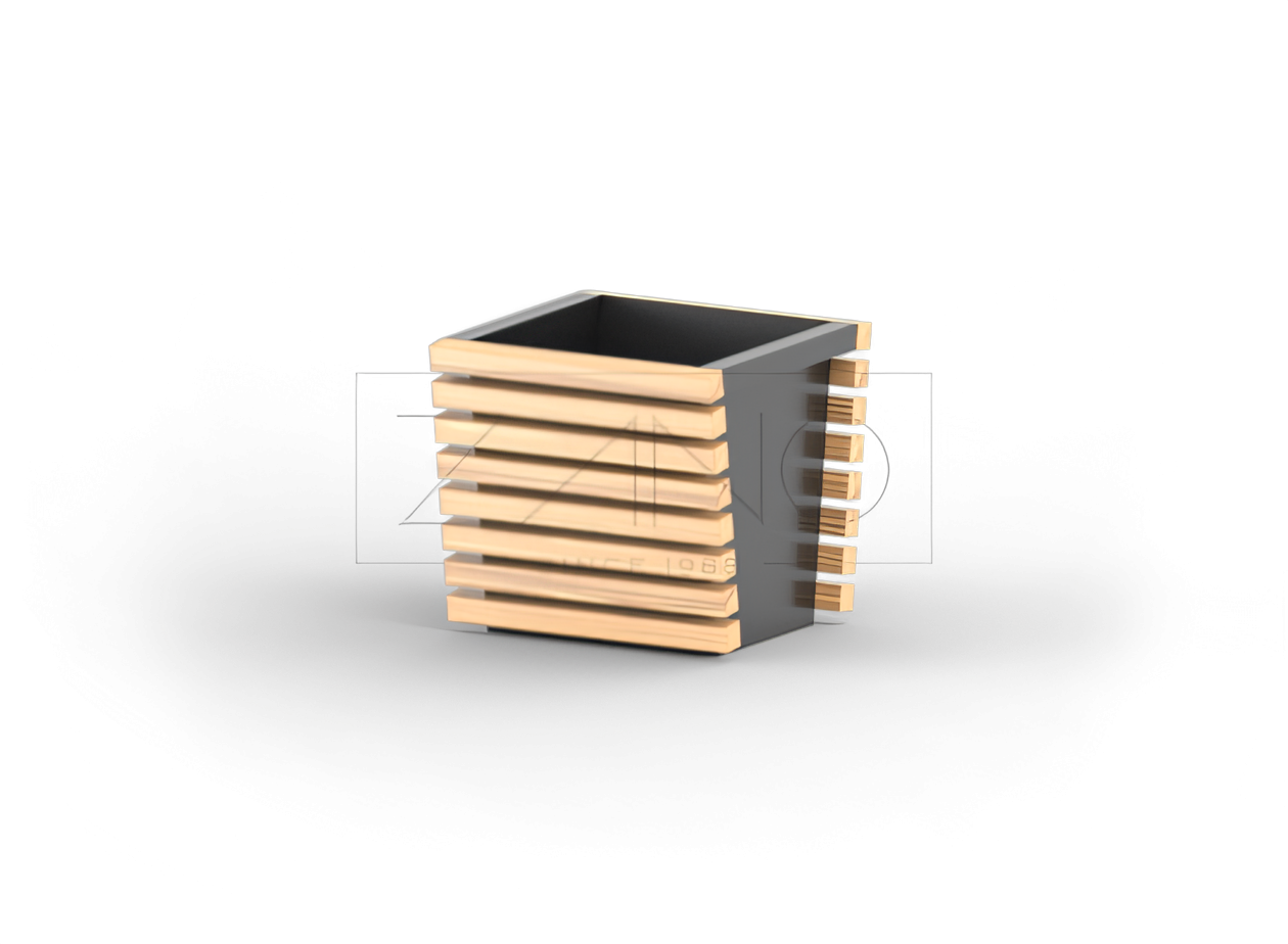 Moderner Pflanzkübel aus Karbonstahl und Holzelementen Moderner Pflanzkübel aus Karbonstahl und Holzelementen