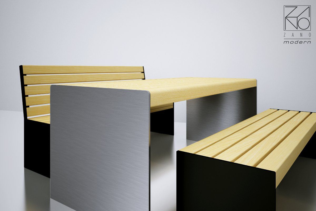 Tische Simple aus Edelstahl mit einer Holzplatte