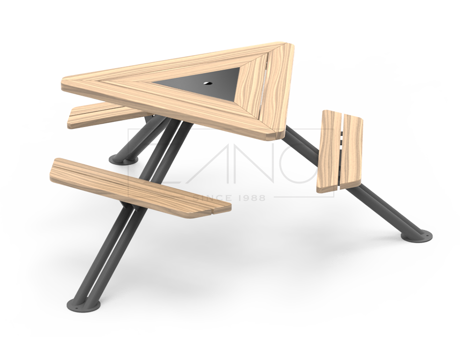 Der Mars Picknicktisch ist ein urbanes Möbelstück, das die Funktion eines traditionellen Picknicktisches mit einem modernen Element der zeitgenössischen Stadtarchitektur verbindet