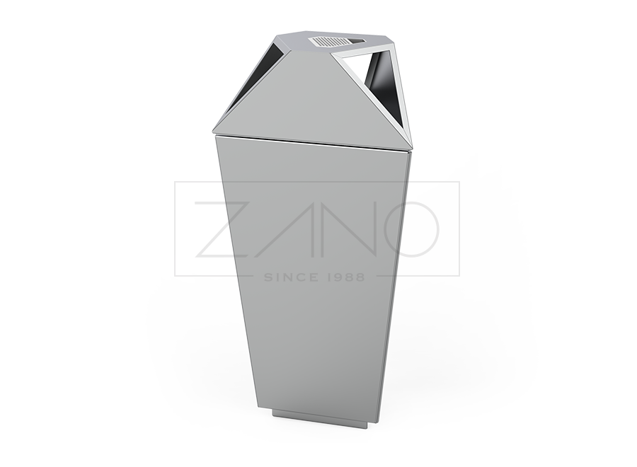 Moderner geometrischer und minimalistischer Abfallbehälter mit Ascher aus Edelstahl