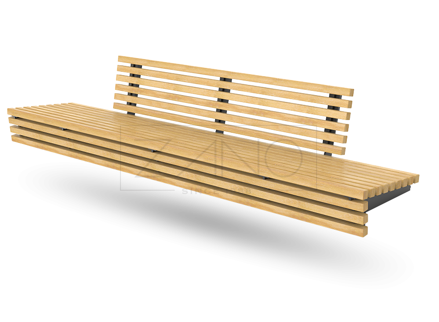 Bänke aus Stahl und Tropenholz für Betonsockel und auf Mauern