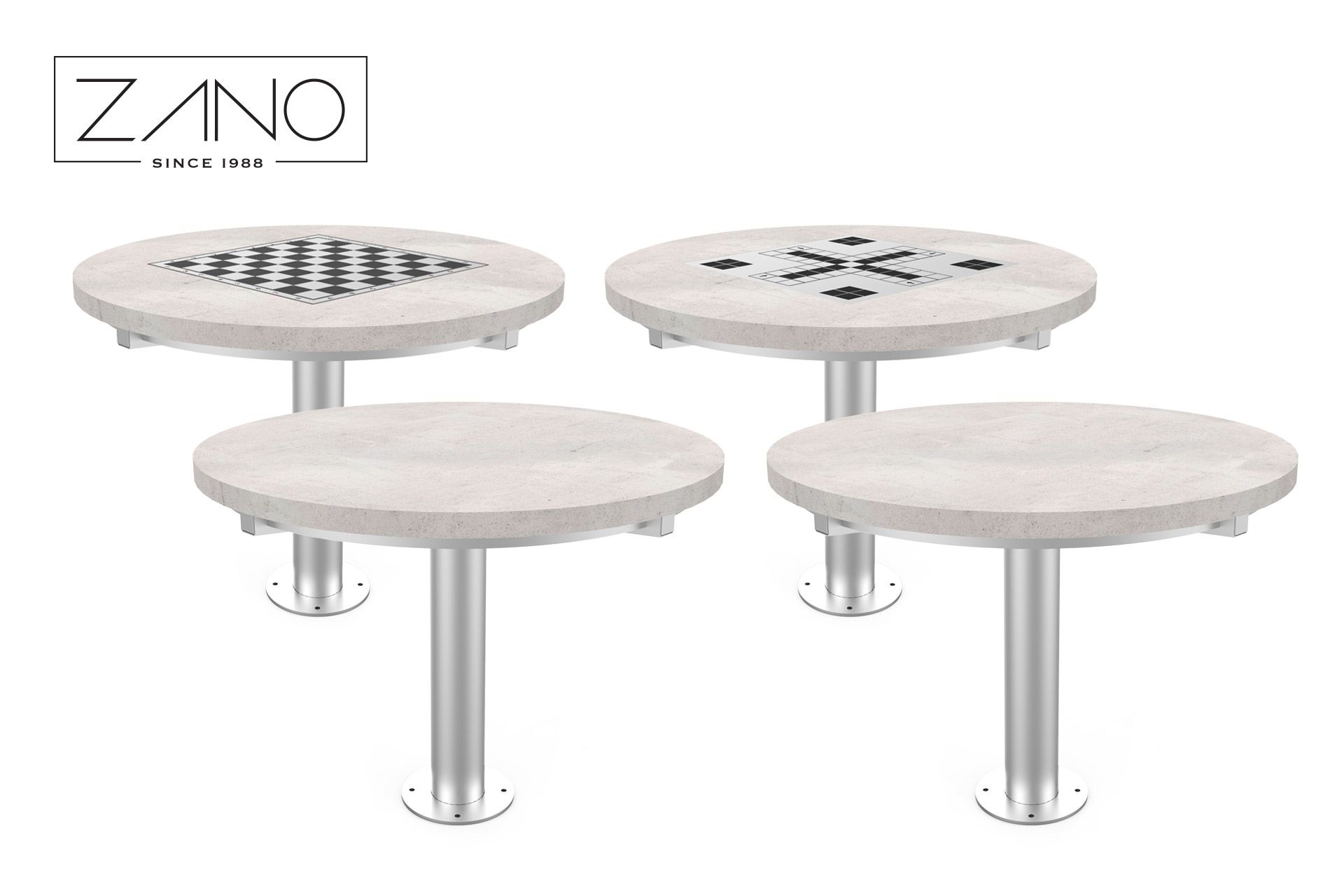 Parkspieltische aus Edelstahl und Betonplatten