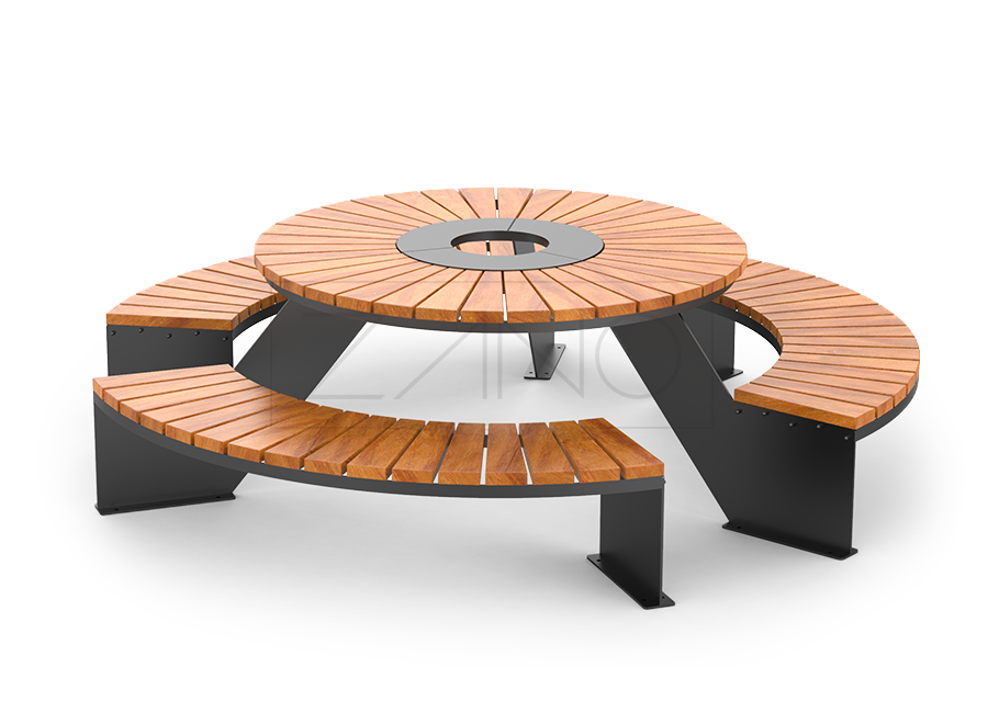Parktisch mit drei integrierten Bänken aus Karbonstahl und Tropenholz